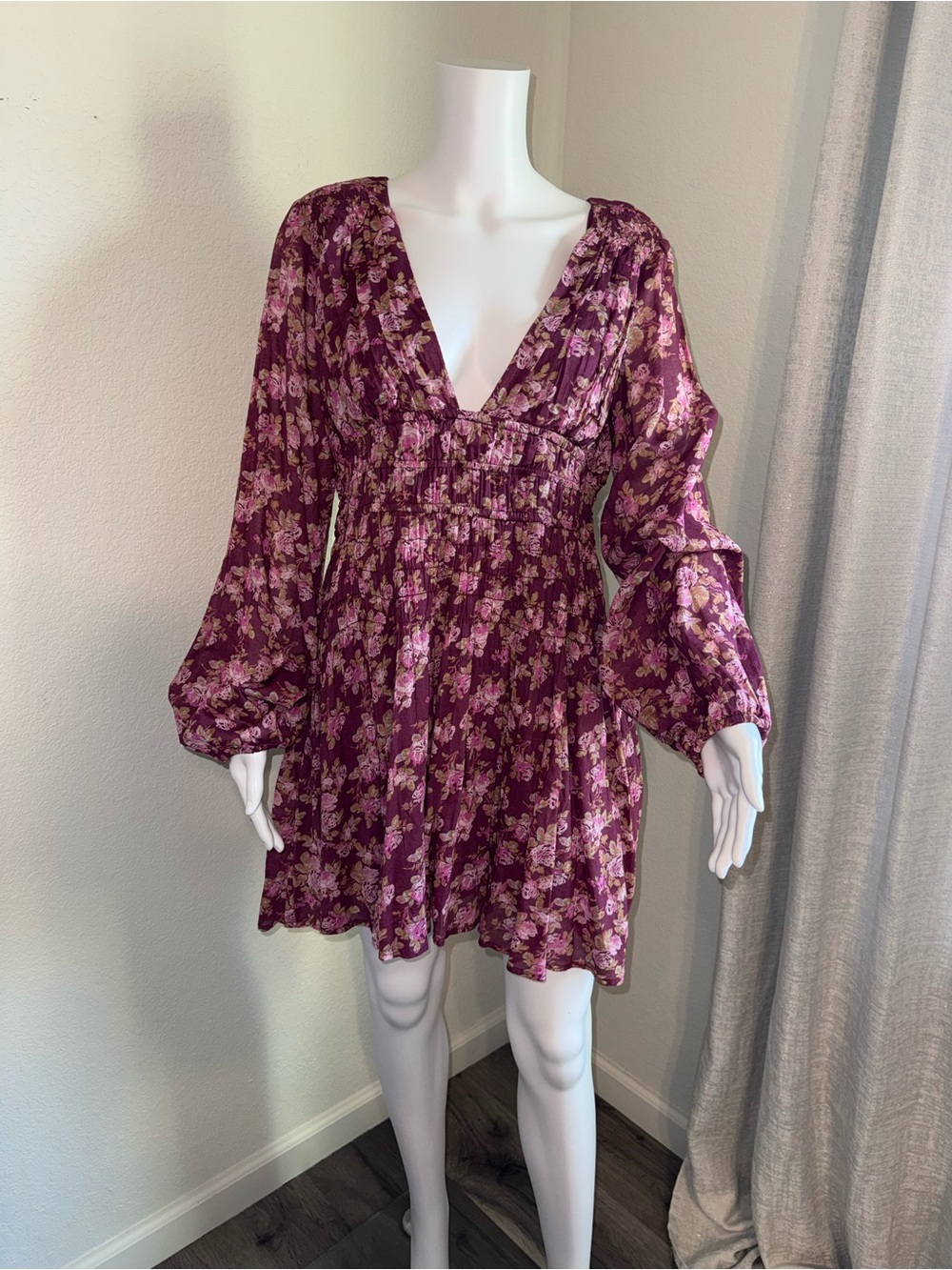 Free People Plum Floral Long Sleeve Mini Dress size small